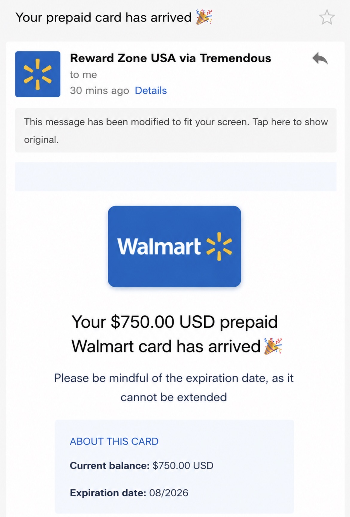 Walmart Voucher Email Proof